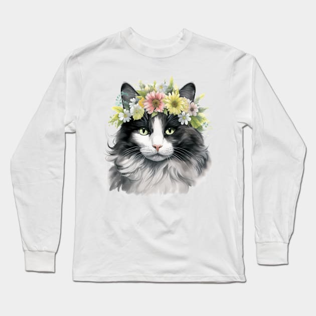 American Curl Cat Flowers Water Color Cat Mom Mother's Day Gift Long Sleeve T-Shirt by karishmamakeia